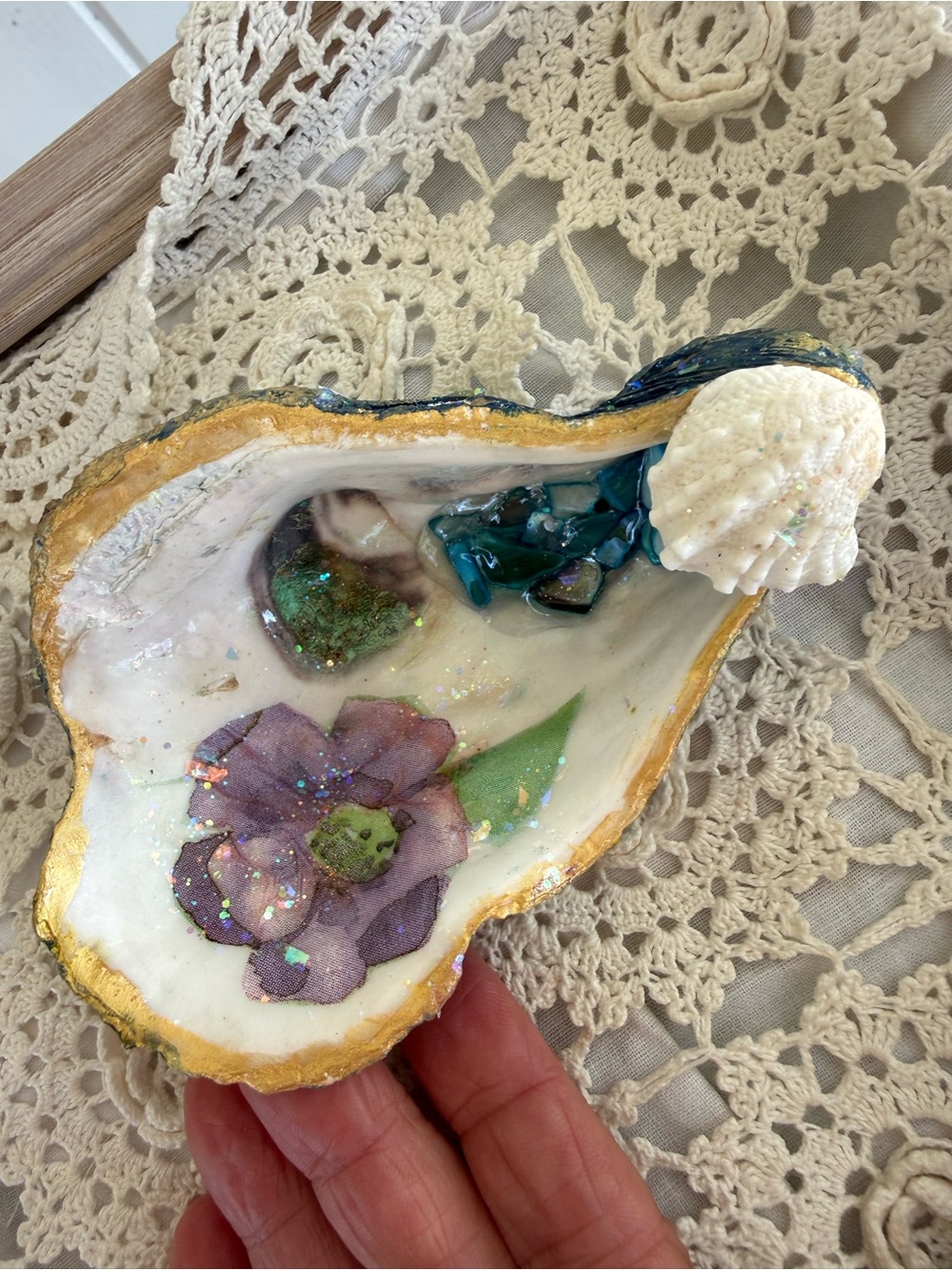 Handmade Floral Sea Glass Oyster Shell Trinket Dish 4.5"